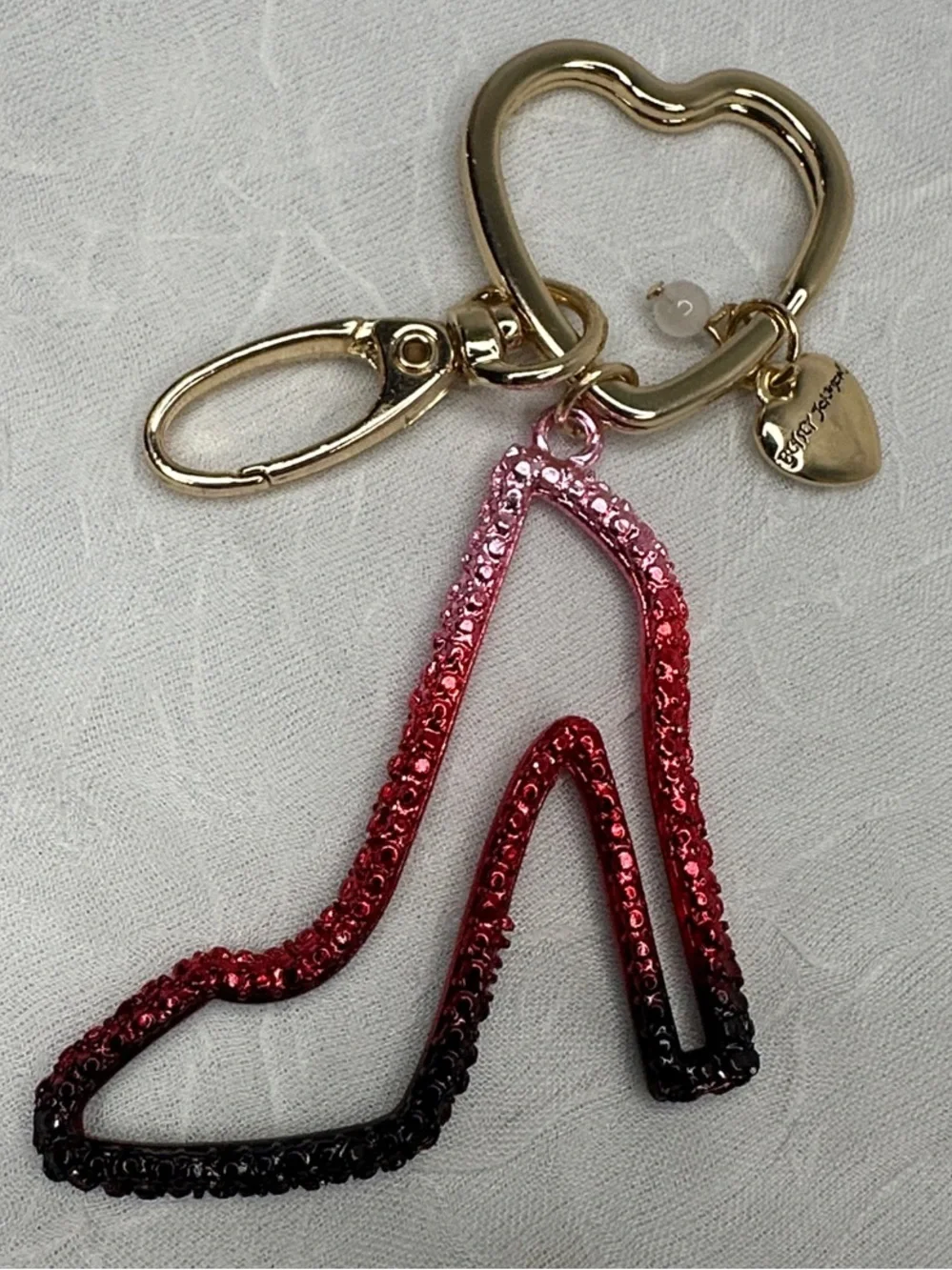 Betsy Johnson Charm Gold Keyring with Pink to Black Sequin High Heel Charm Ombre